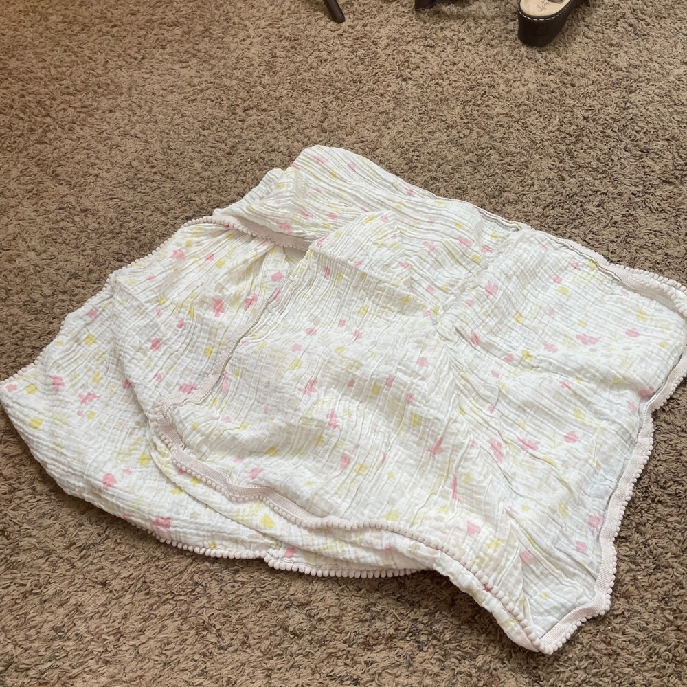 Cloud Island Muslin Baby Blanket Swaddle White Pink Yellow Floral Pom Pom Trim